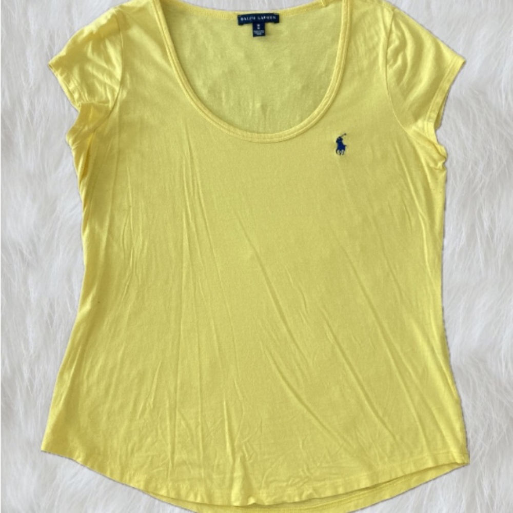 Ralph Lauren Scoop Neck Round Hem Short Sleeve Top Size M Yellow Navy